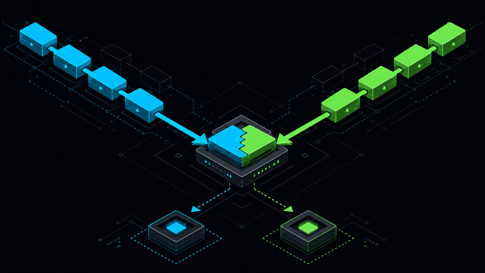 Two chains of blocks, one blue and one green, converging on a single shared slot from opposite sides