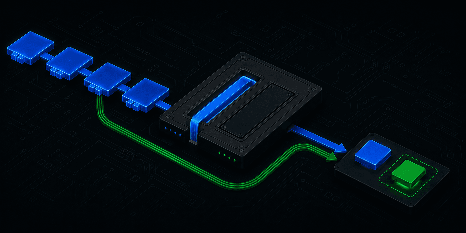A chain of blue video frame blocks feeding a gate with one lit slot, while a green path bypasses the gate entirely and arrives at the output beside it