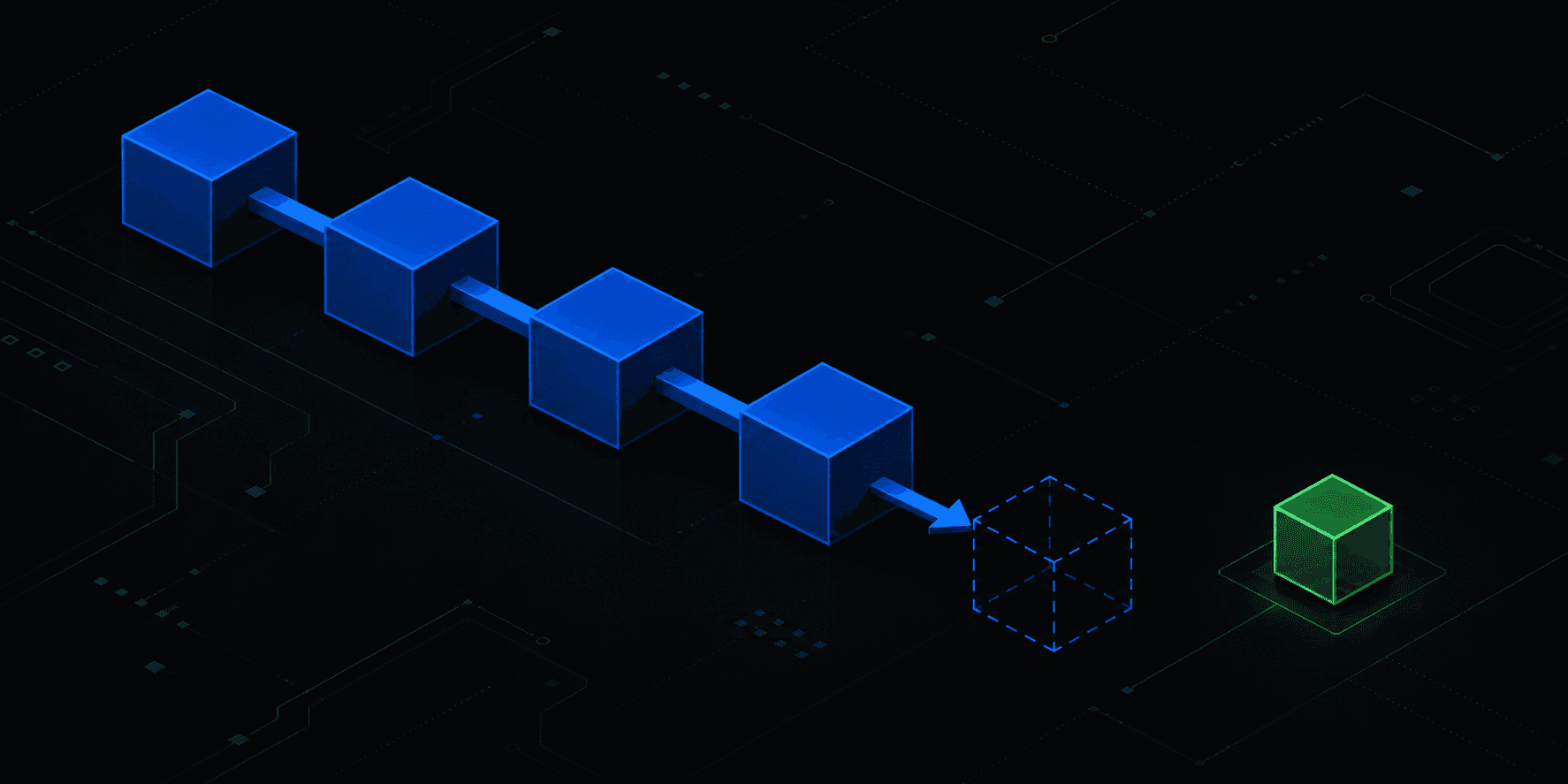A chain of linked blue blocks reaching toward a missing dashed block, while an unused green block sits off to the side
