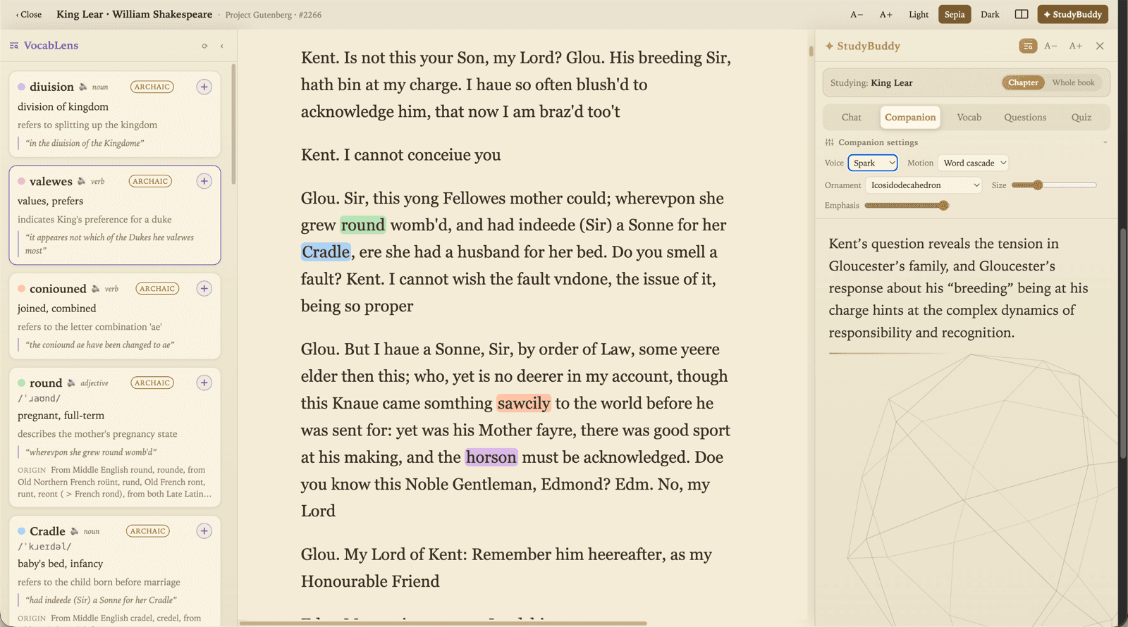 The Ask the Library reader showing King Lear from Project Gutenberg in sepia, with a VocabLens panel on the left defining archaic words and a StudyBuddy panel on the right giving chapter-grounded commentary.