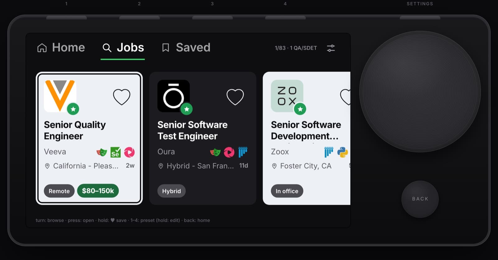 The Job Thing web demo: a Car Thing emulator showing three QA job cards from Veeva, Oura and Zoox, with a dial and back button on the right.
